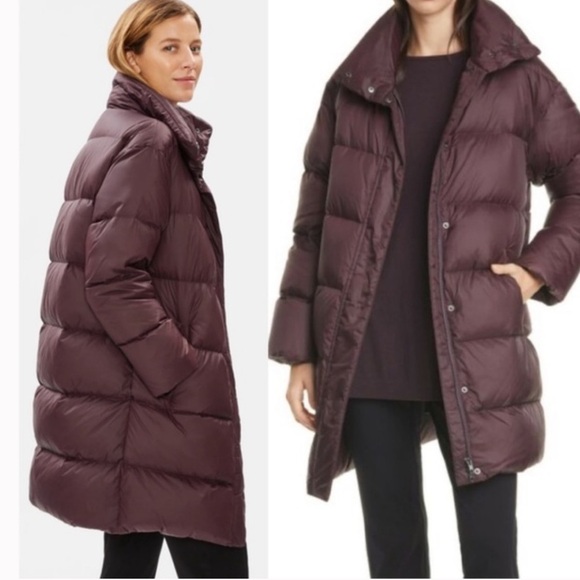 Eileen Fisher Classic Funnel Neck Down Parka Long‎ Puffer Oversize Plush Size S - Picture 3 of 15